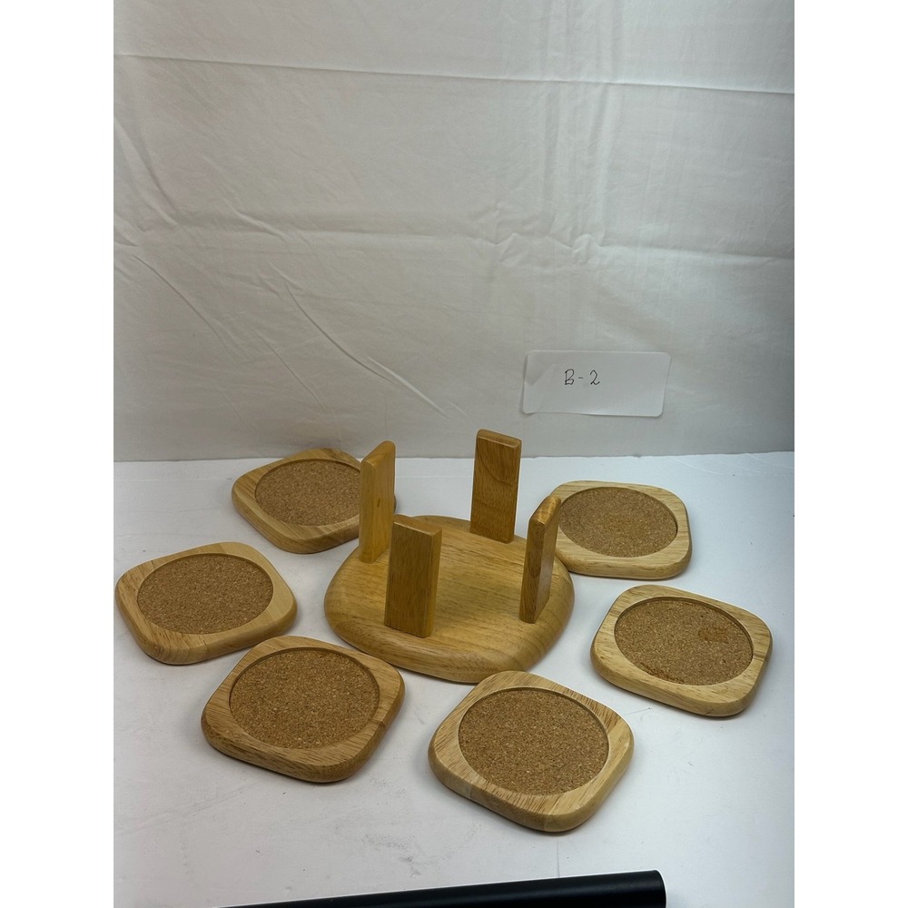 Wooden Coaster Set with Holder 6 Piece Square Cork Inlay Storage Location B-2